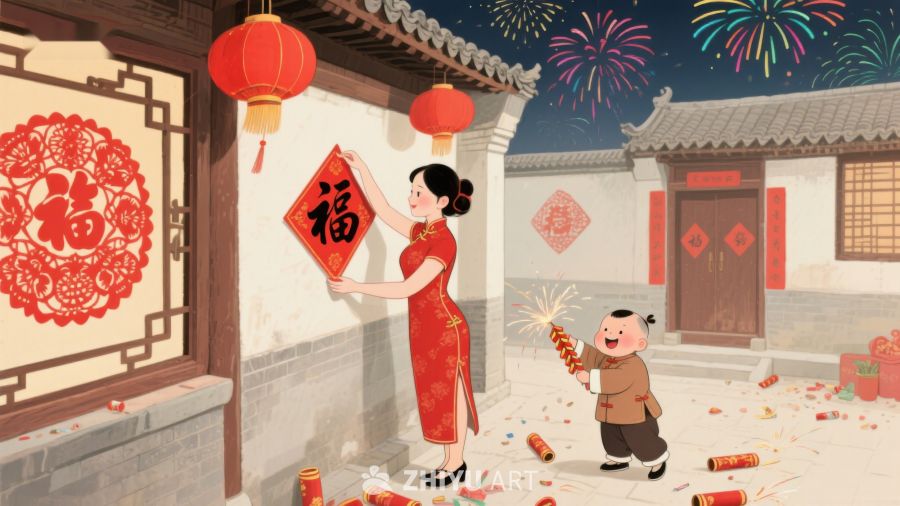 新春佳节，母子贴福放鞭炮 1005