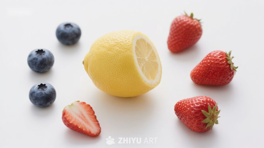 新鲜水果组合：柠檬、草莓与蓝莓