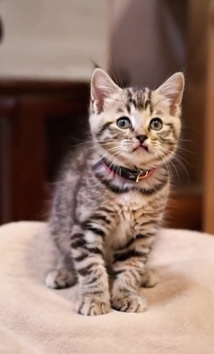 虎斑纹小猫戴红色项圈，站立在柔软表面上。