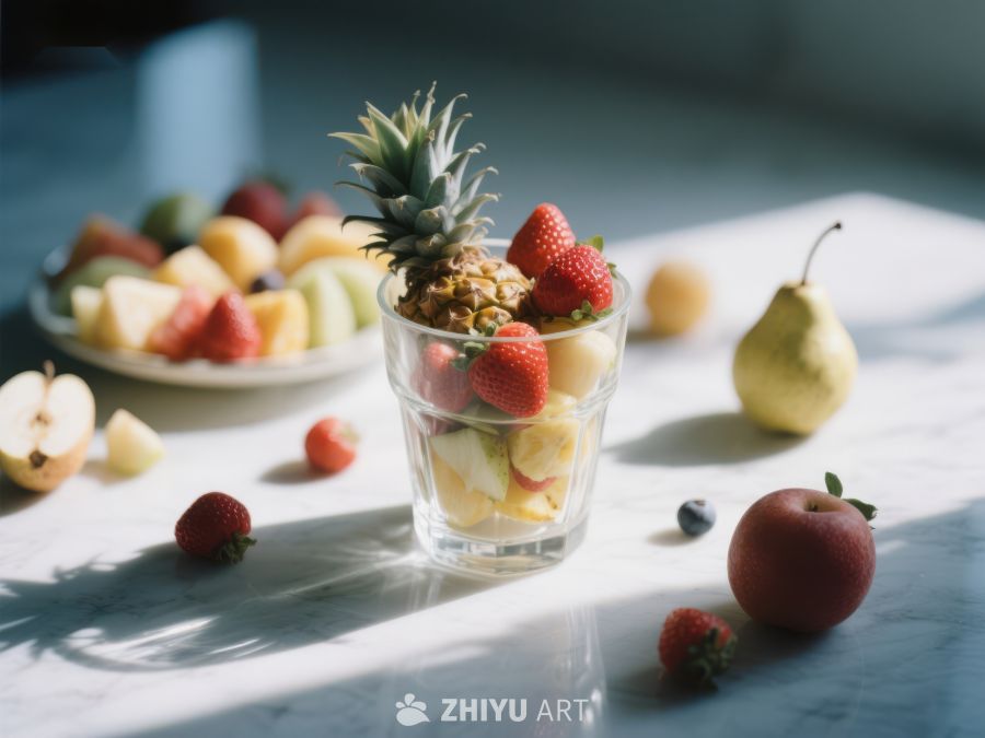 新鲜水果杯与阳光下的果盘 721