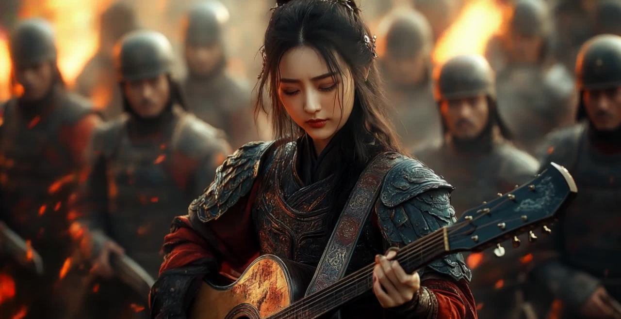 战甲女子抱吉他，身后士兵列阵，烽火连天。