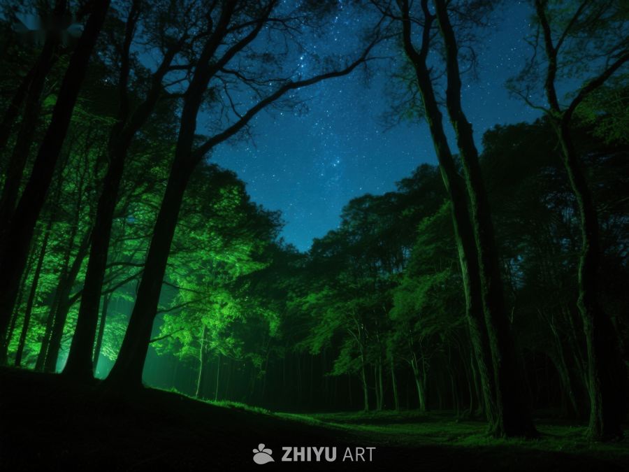 夜幕森林，星光与绿光交织 463