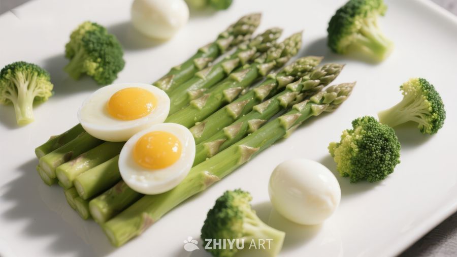 芦笋配水煮蛋与西兰花的健康美食
