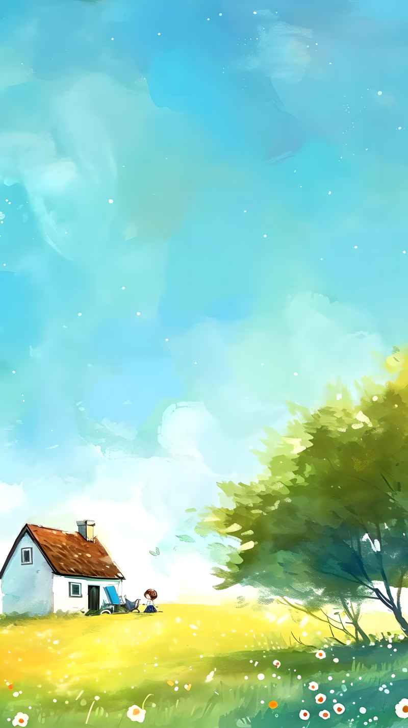 田野里有房子的女孩肖像插画 24