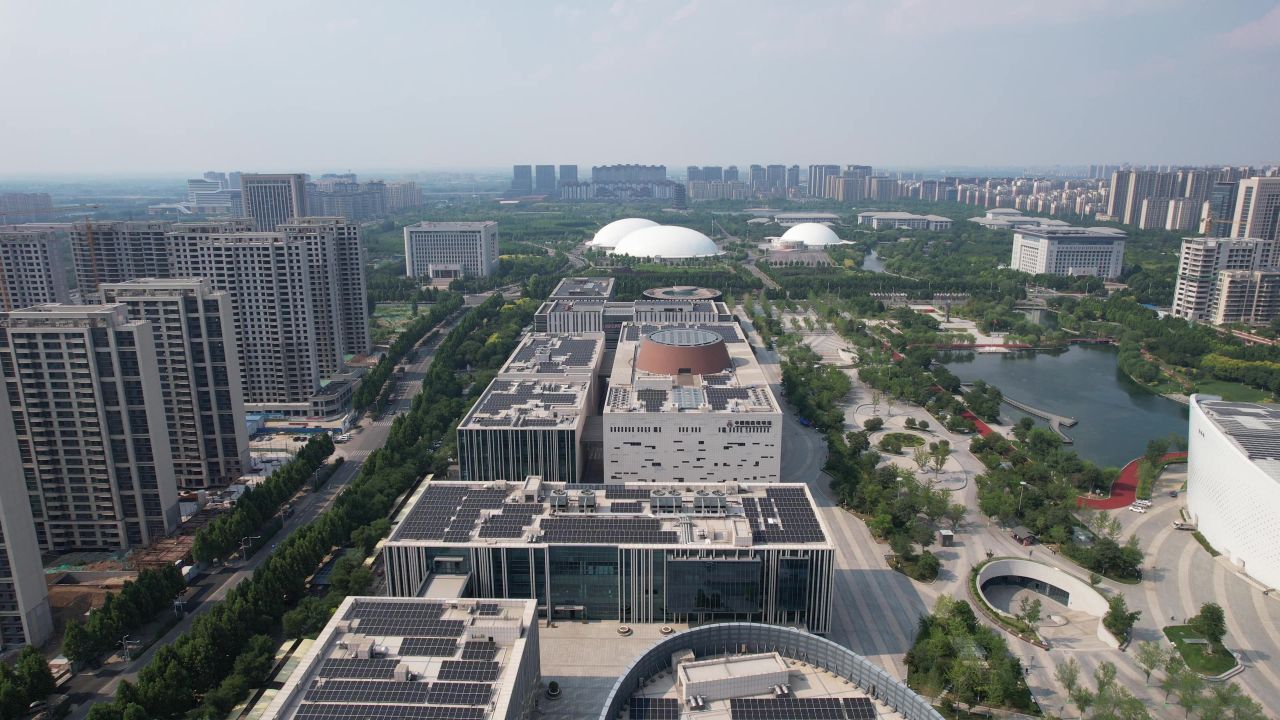 山东淄博市文化中心场馆建筑航拍 
