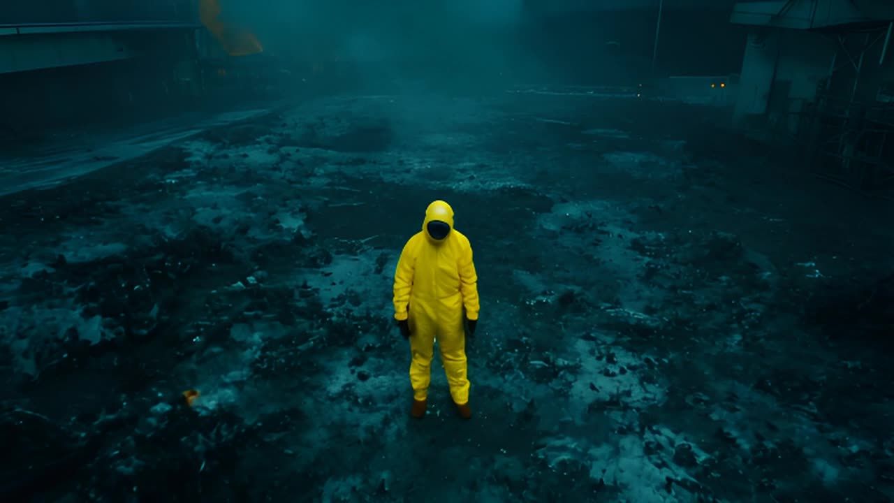 一名身穿黄色防辐射服的人站在一片黑暗的地面上，背景