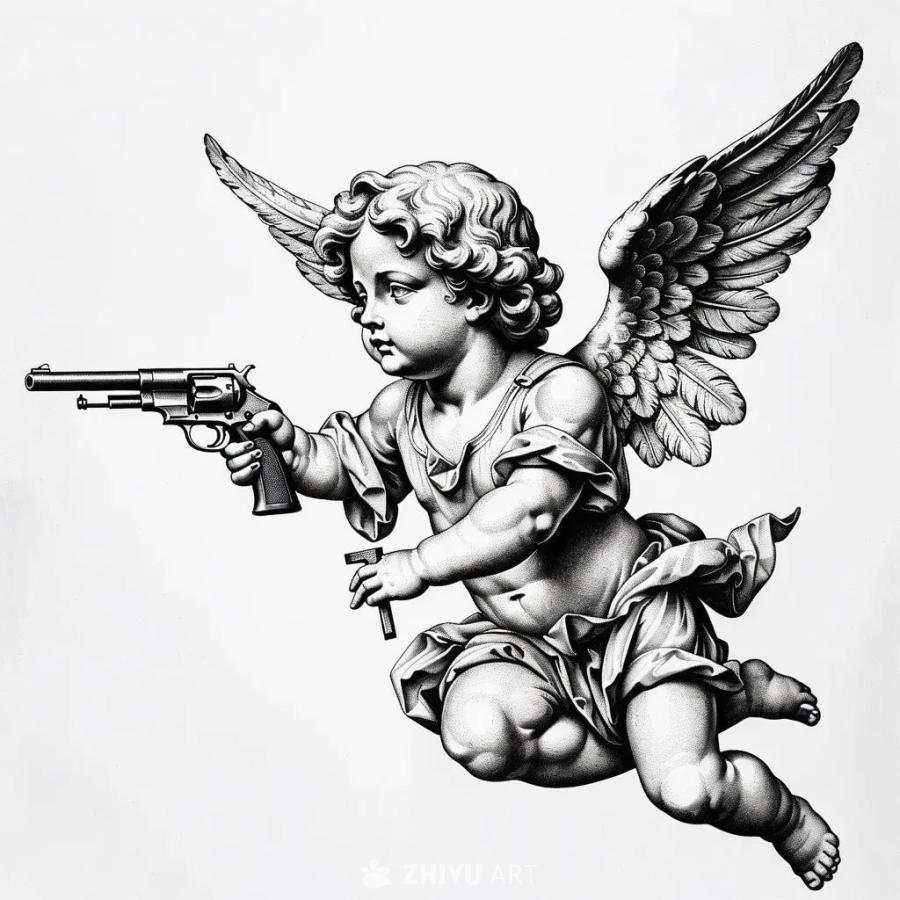 一个丘比特天使手持枪和十字架在飞行，黑色和白色墨水