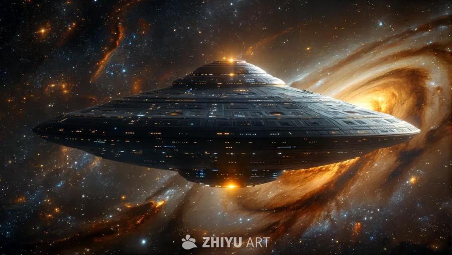 一个飞碟状的飞行器漂浮在星空中，周围是弥漫的星云和