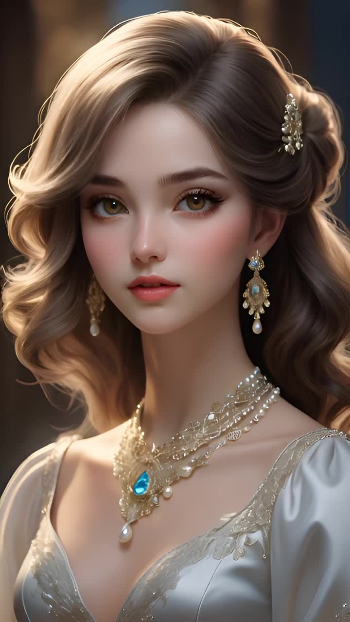 一位女性，她有着棕色的眼睛和棕色的波浪发型。她戴着