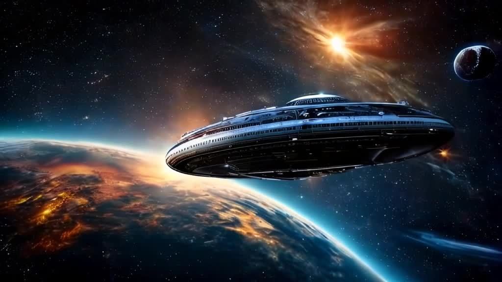 一艘巨大的宇宙飞船在浩瀚的宇宙中轻松滑行，其耀眼的