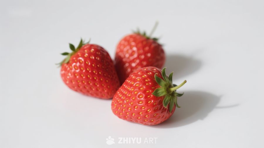 三颗新鲜草莓静置于白色背景