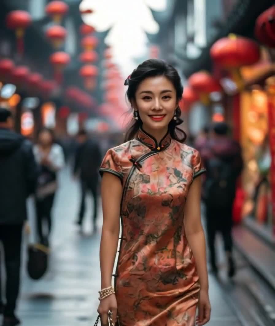 一位女性身穿印花旗袍，站在一条装饰着红灯笼的街道上