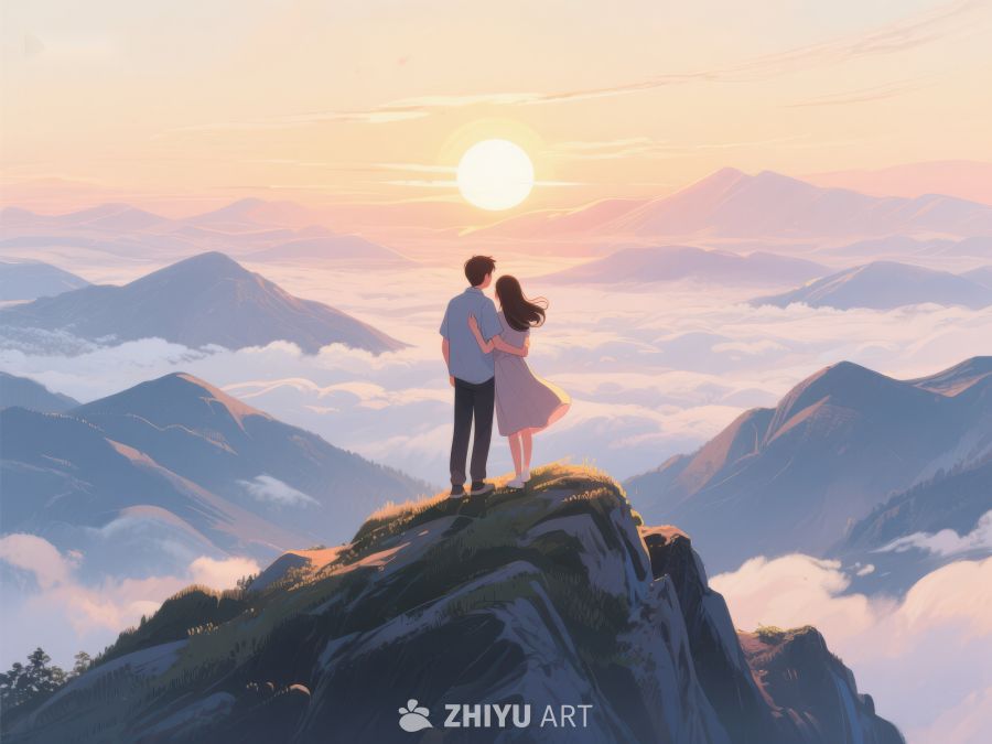 山顶情侣眺望云海日落 643
