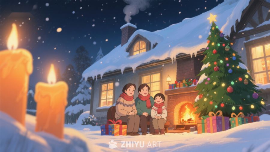 雪夜温馨圣诞夜，家人围炉共赏景 394