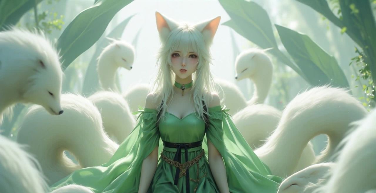 绿裙狐耳少女与毛茸茸白色动物在森林里