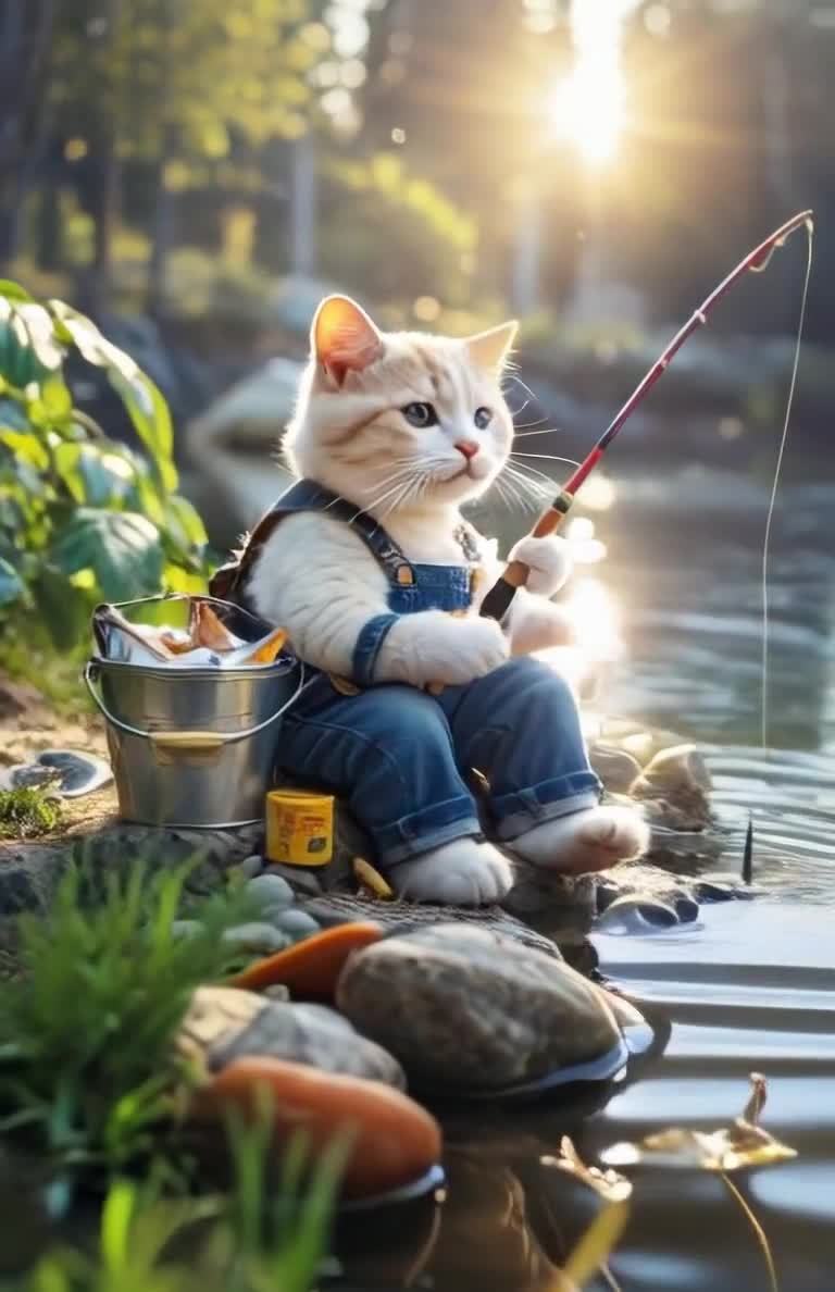 一只白色小猫坐在岸边钓鱼，它穿着蓝色背带裤，手持鱼