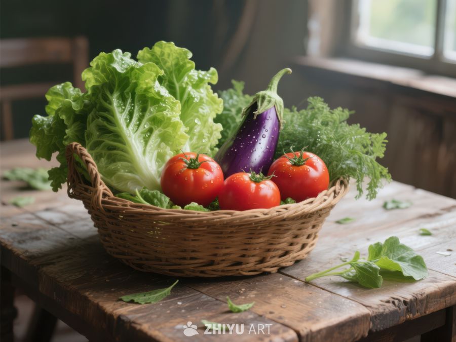 新鲜蔬菜篮置于木质桌面上 304