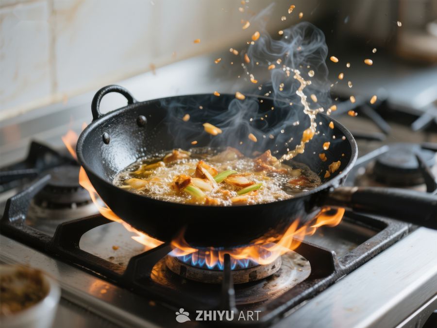 炒锅中的食材翻炒，火焰四溢 52