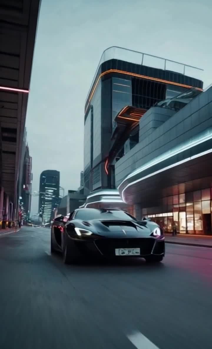 赛博朋克都市中的黑色跑车