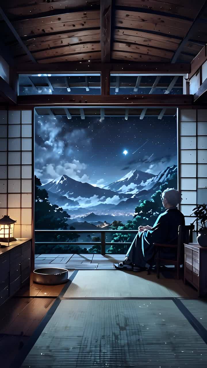远处森林中薄雾缓慢移动，天空星光闪烁。室内，一位灰