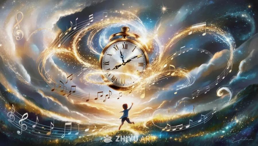 一个卡通风格的奇幻场景中，天空中悬挂着一个发光的时