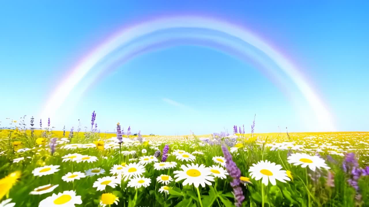 一道绚丽的彩虹横跨在夏日草地上。低角度拍摄捕捉到了