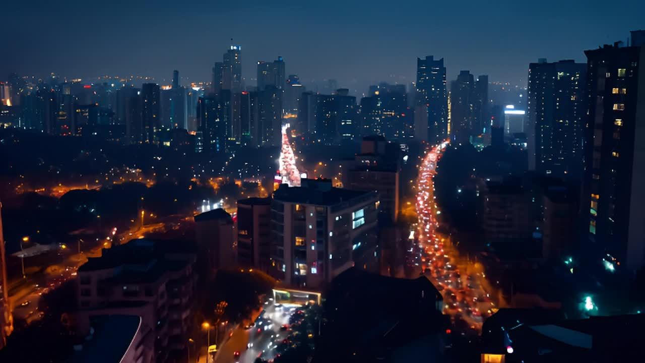 夜晚，从高处俯瞰，城市灯光闪烁。一条蜿蜒的道路上，