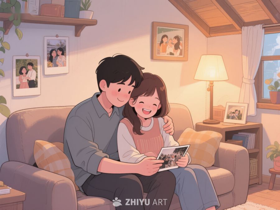 温馨时刻：情侣沙发上看照片 737
