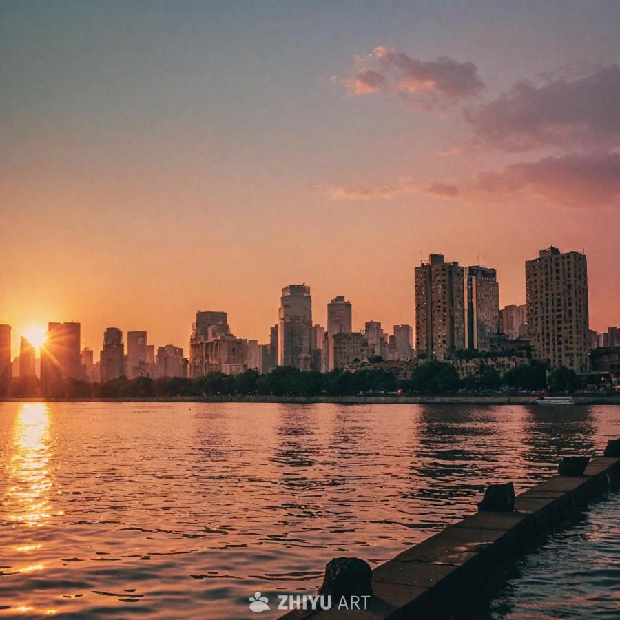 一片广阔的水域，可能是湖泊或河流，背景是城市天际线