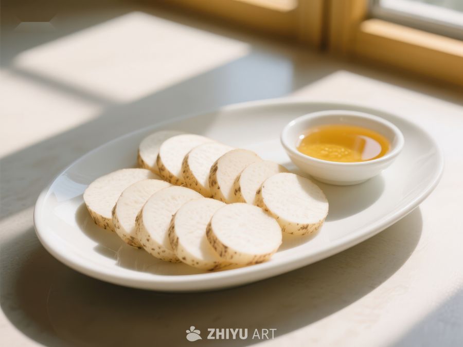 切片山药配酱料，阳光洒落餐桌 339