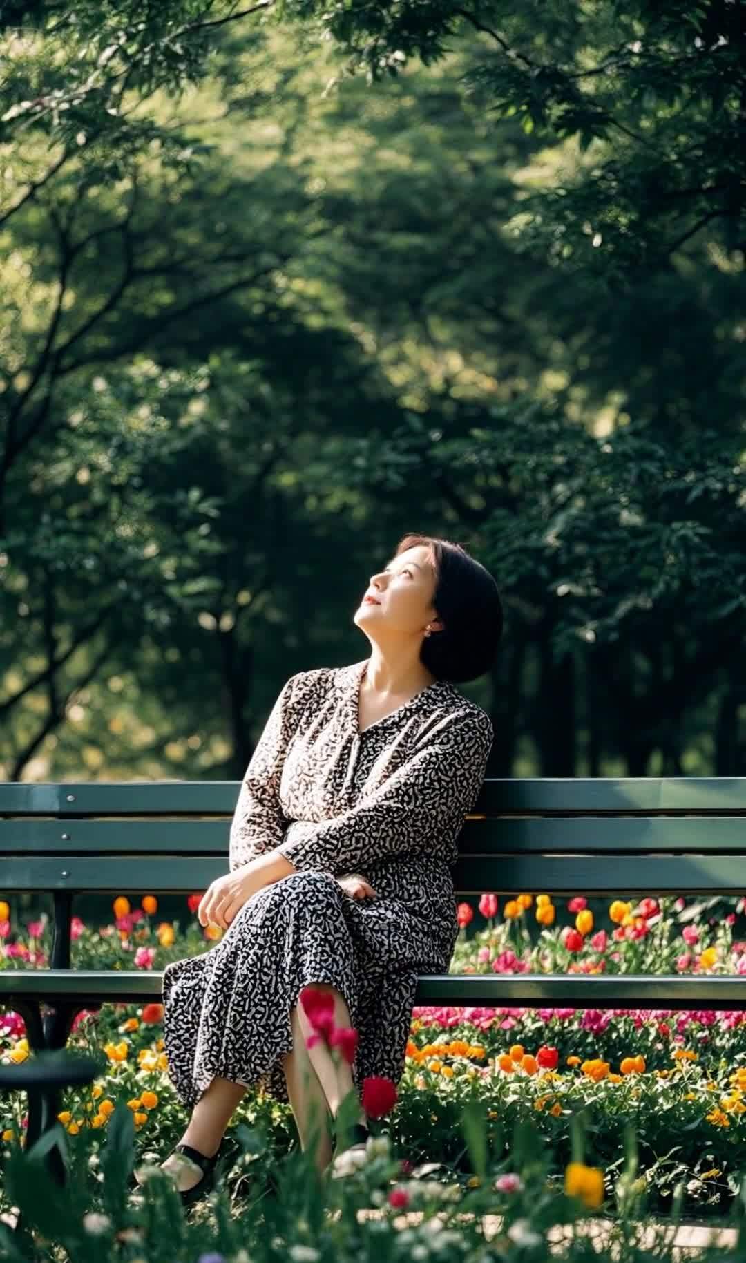 阳光下公园长椅上的女士，赏花仰望天空