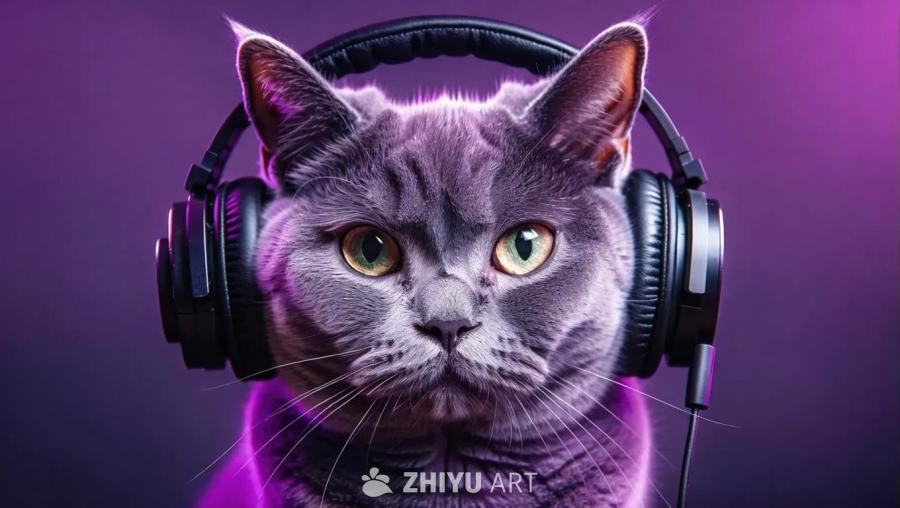 一只紫色的小猫戴着耳机，小猫有绿色的眼睛，并且有两