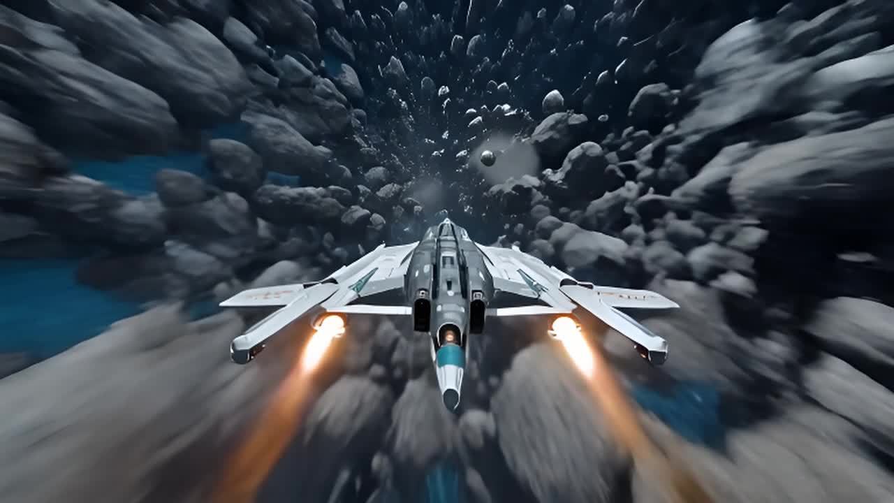 一架带有双后掠翼和四稳定器的宇宙战斗机，正以高速穿