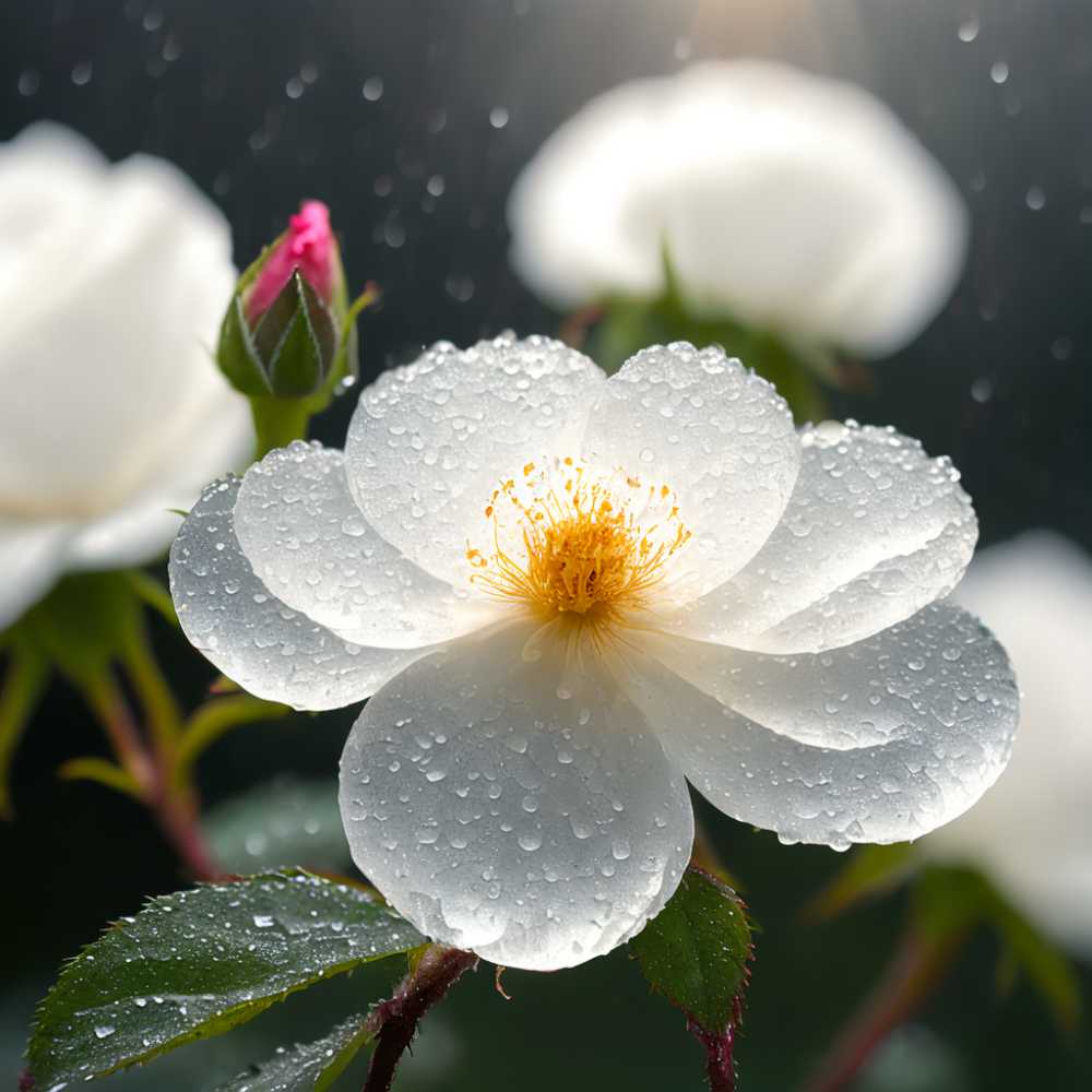 雨后的蔷薇花近景晶莹剔透