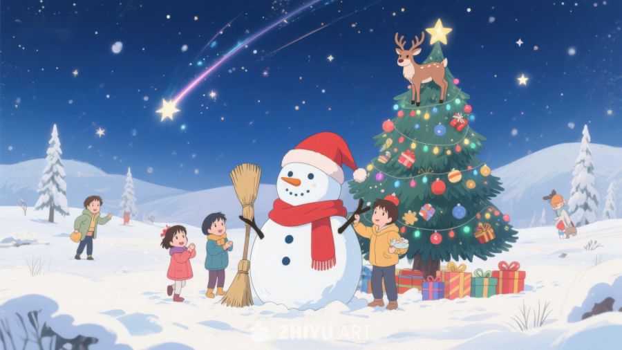 冬夜雪地里的圣诞树与雪人 85