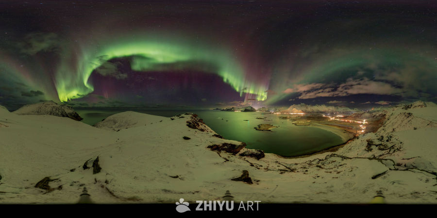 极光下的雪地湖景