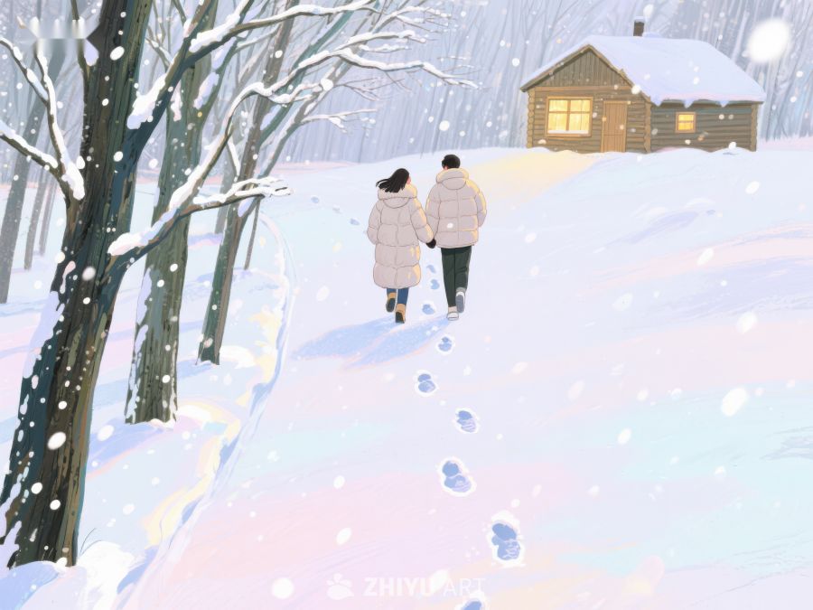 雪中漫步，温馨小屋 984