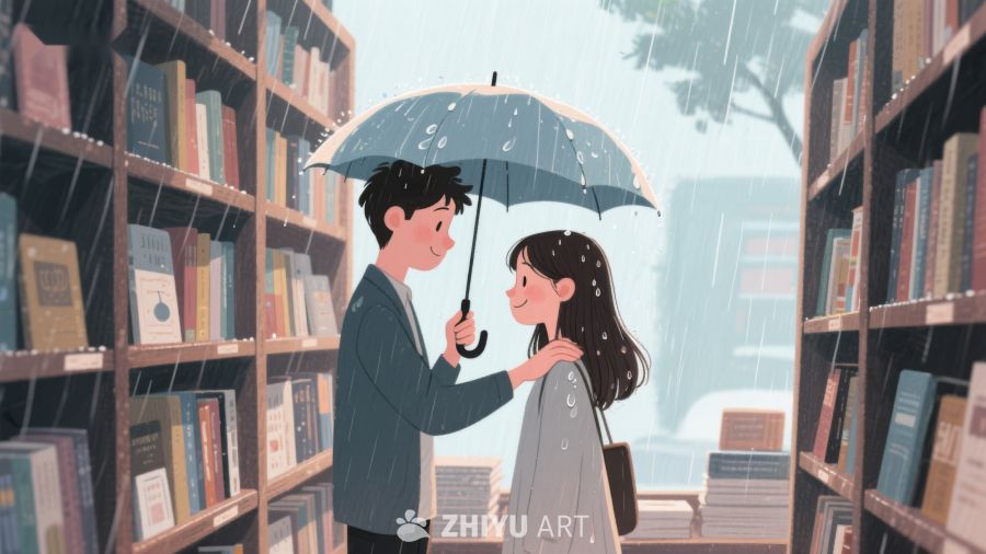 雨中图书馆的温馨邂逅 686