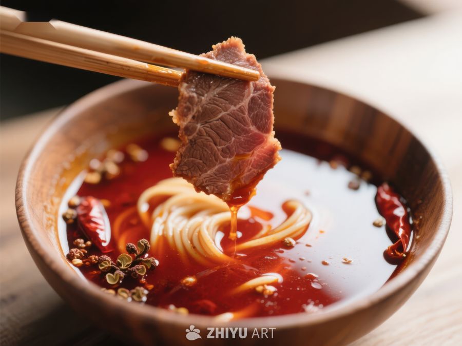 筷子夹起牛肉，碗中红油热辣 455