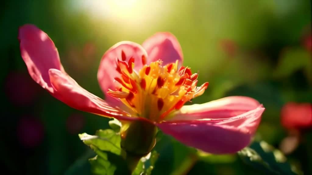 一朵粉色的花朵，花瓣展开，中心是黄色和红色的花蕊，