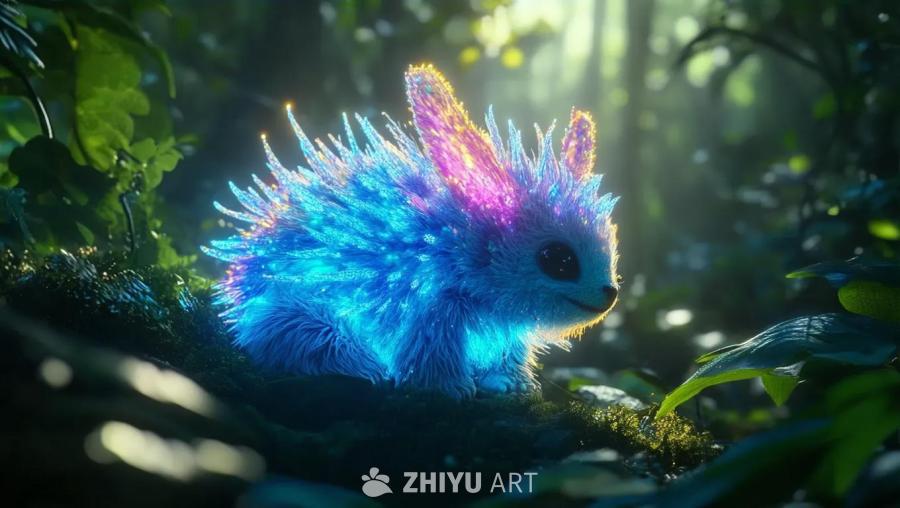 一只发光的生物发光、可爱的、虚构的动物，身处一个魔