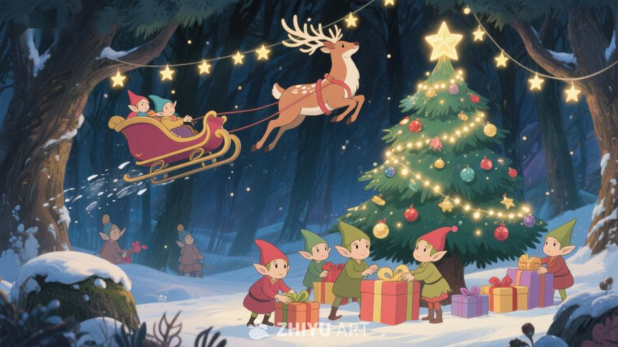 圣诞夜精灵与驯鹿在森林中欢庆 225