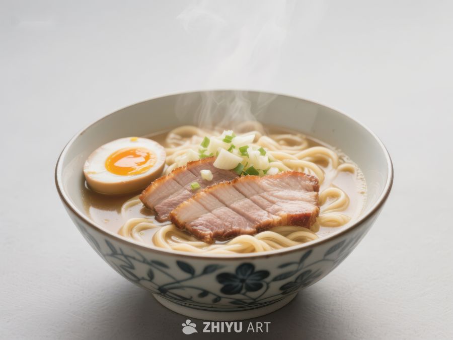 热腾腾的拉面碗，配以叉烧和卤蛋 200