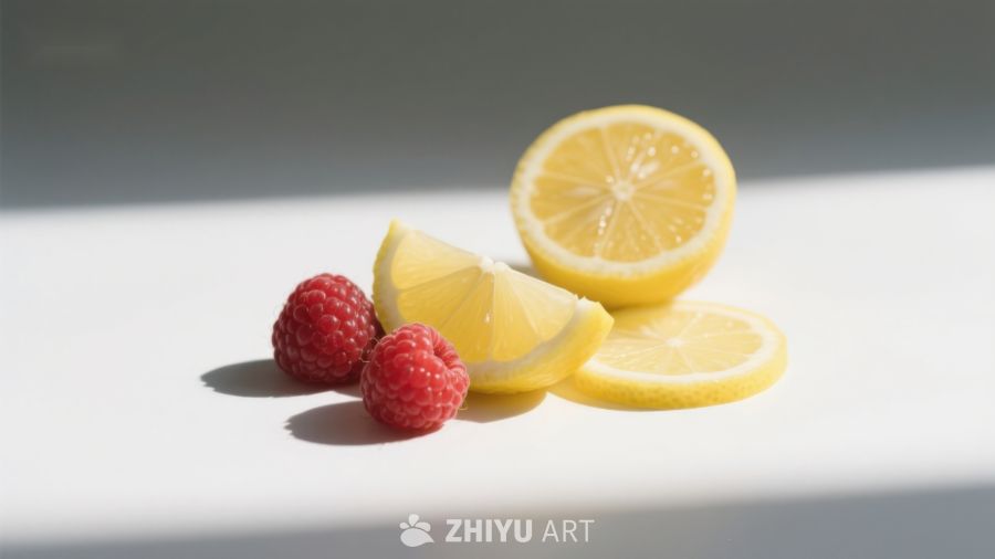 柠檬切片与覆盆子的静物组合 228