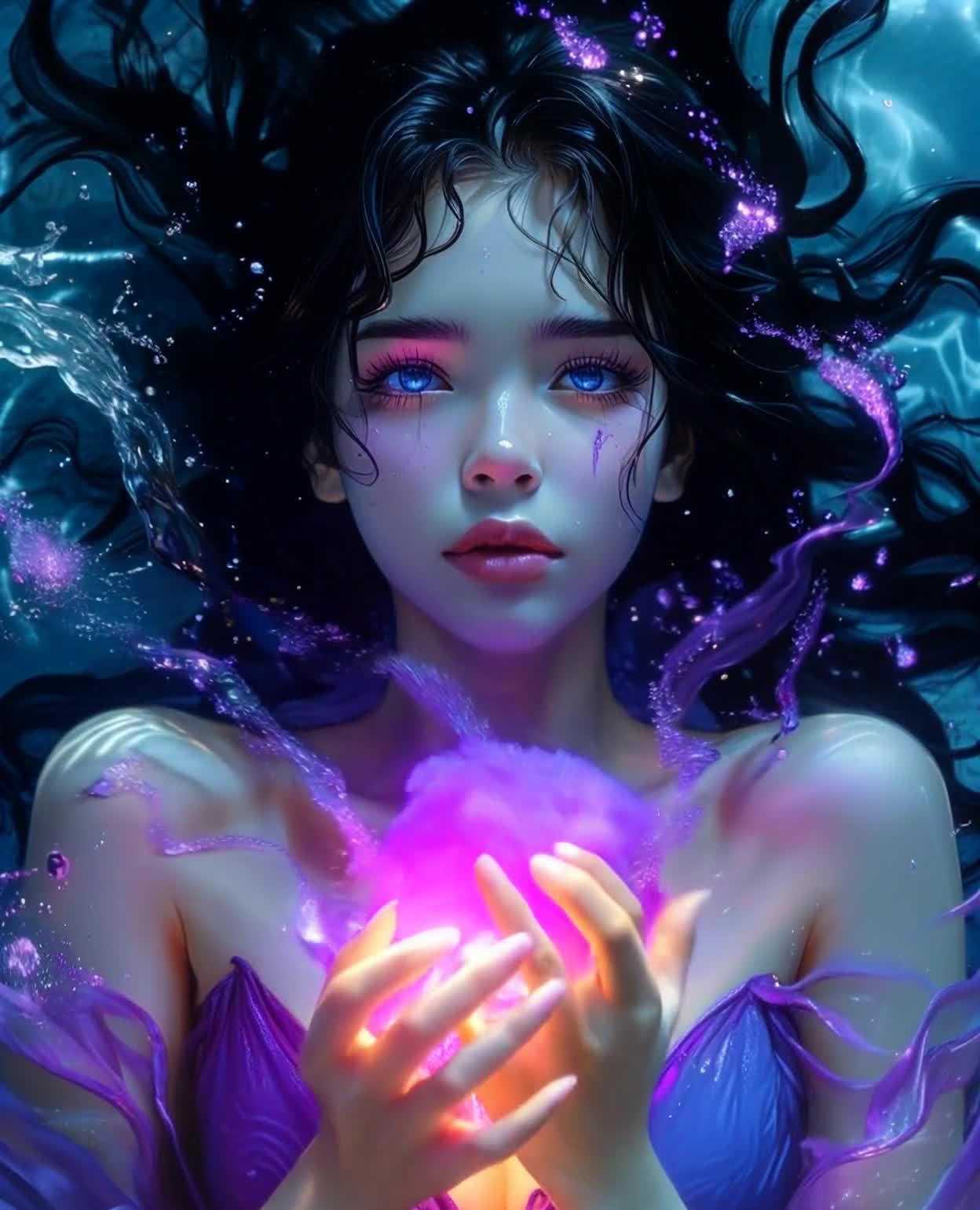 一个年轻女子，蓝色的眼睛，黑色的头发，她的头发周围
