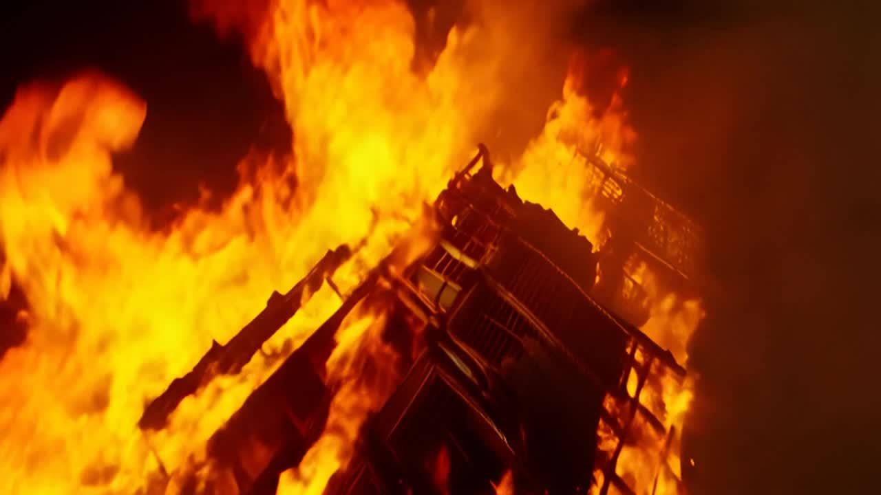 火焰吞噬着建筑物，火舌沿着墙面蔓延。浓烟滚滚，弥漫在整个现场。火焰跳跃不定，照亮了建筑物的内部结构。烟雾弥漫在空气中，使得能见度降低。从低角度拍摄的画面给人一种身临其境的感觉，仿佛置身于火灾现场。火焰的动态运动给整个场景增添了紧张和混乱的氛围。