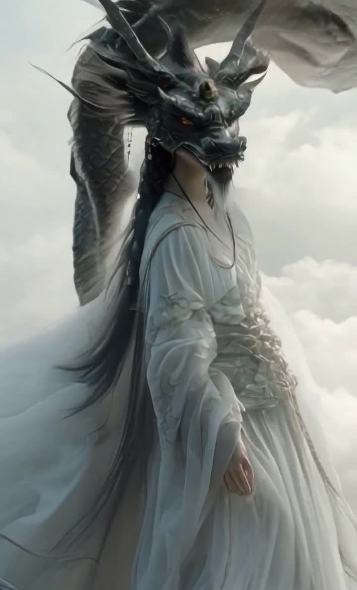 龙形面具女子与巨龙，云雾缭绕下的唯美画面。