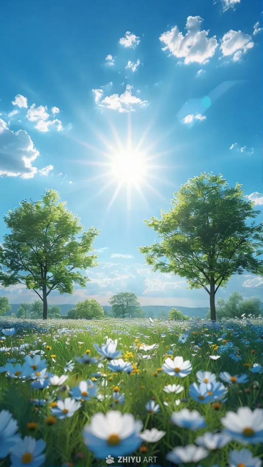 蓝色的天空，有早晨的阳光和一些云朵。地面上有花和树