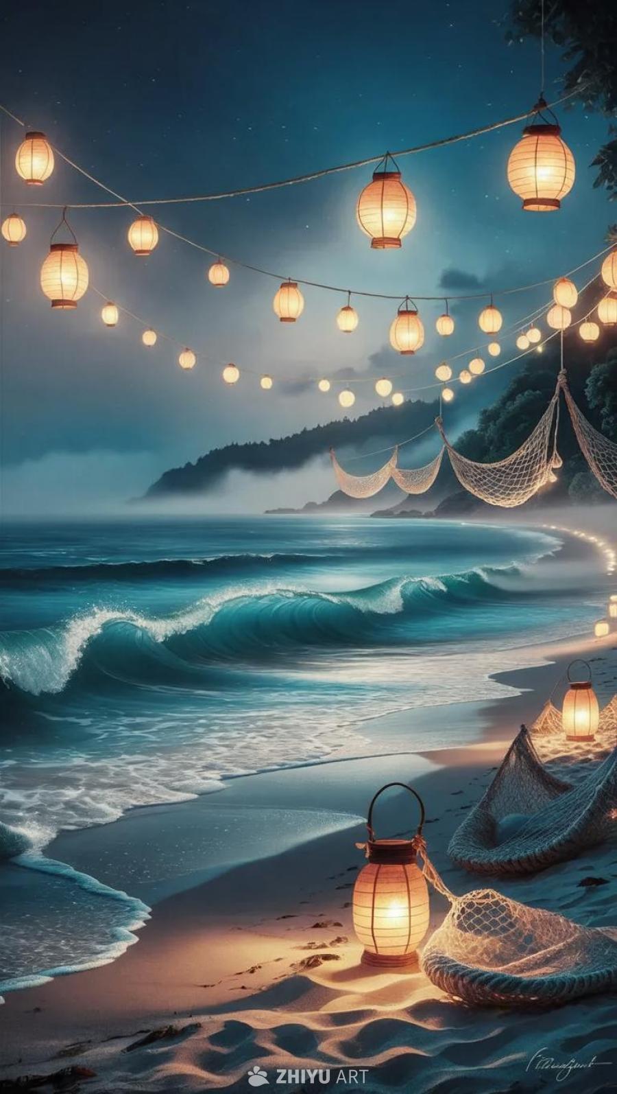 在深蓝色的海滩上，一些小灯笼发出柔和的光芒。海浪轻