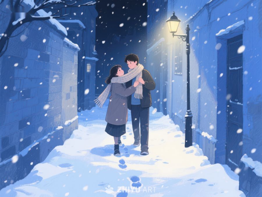 雪夜街头的温暖拥抱 964